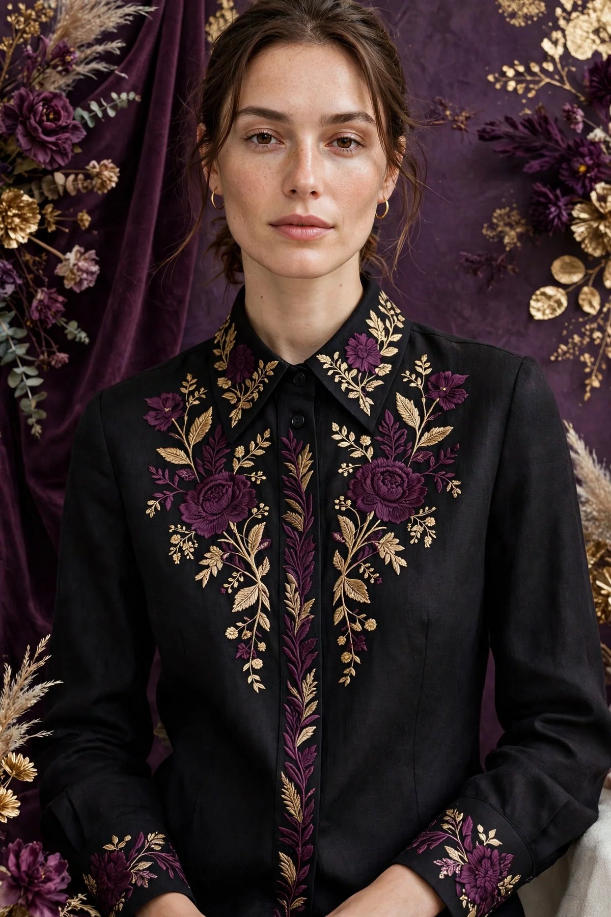 Person wearing Black Structured Italian Linen Blouse