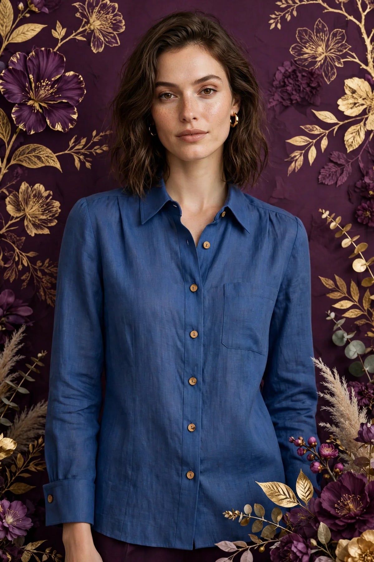 Person wearing Blue Structured Italian Linen Blouse