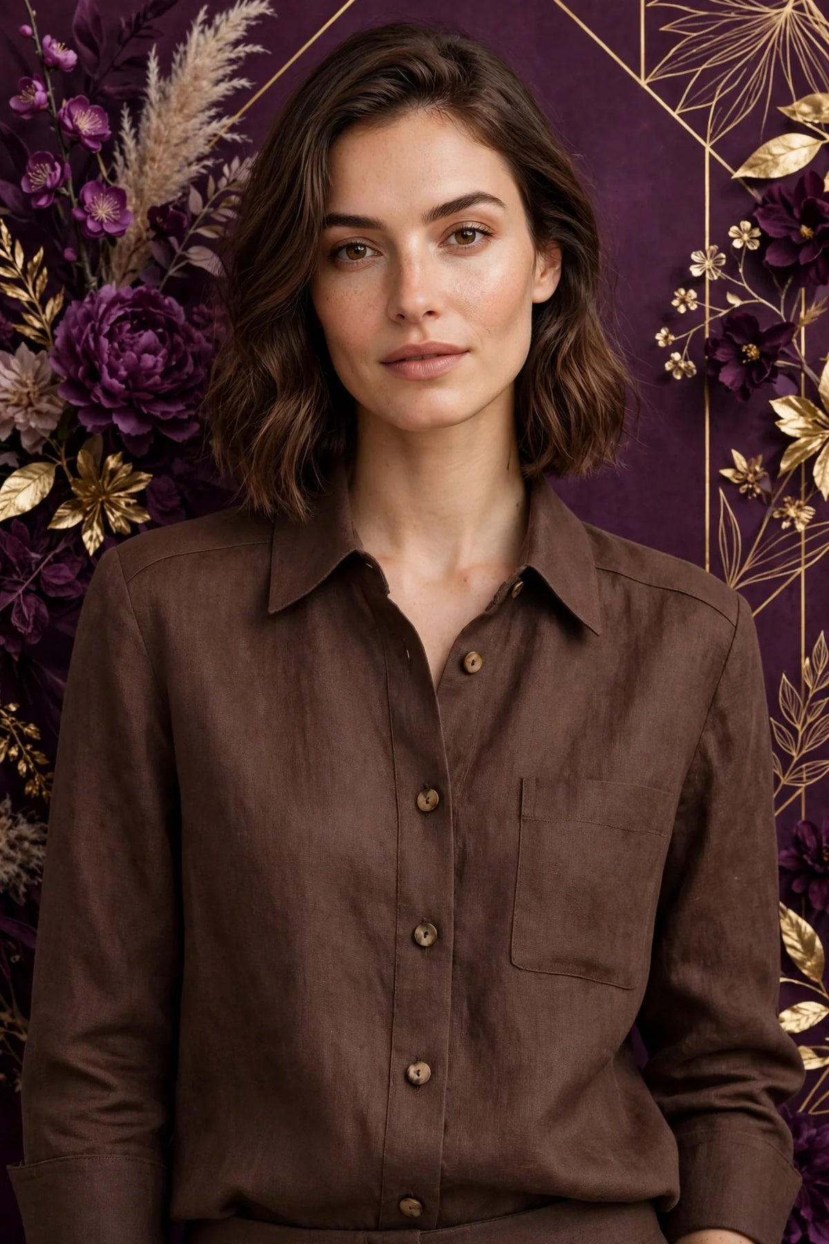 Person wearing Brown Structured Italian Linen Blouse