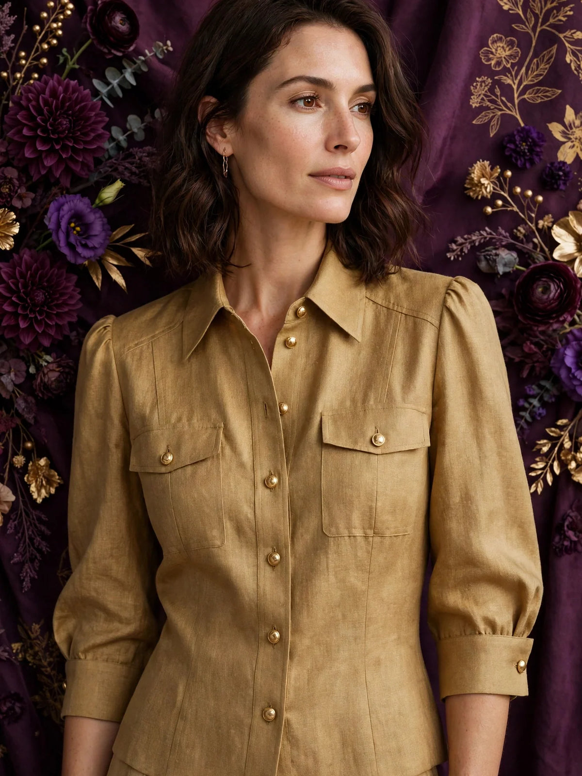 Person wearing Gold Structured Italian Linen Blouse