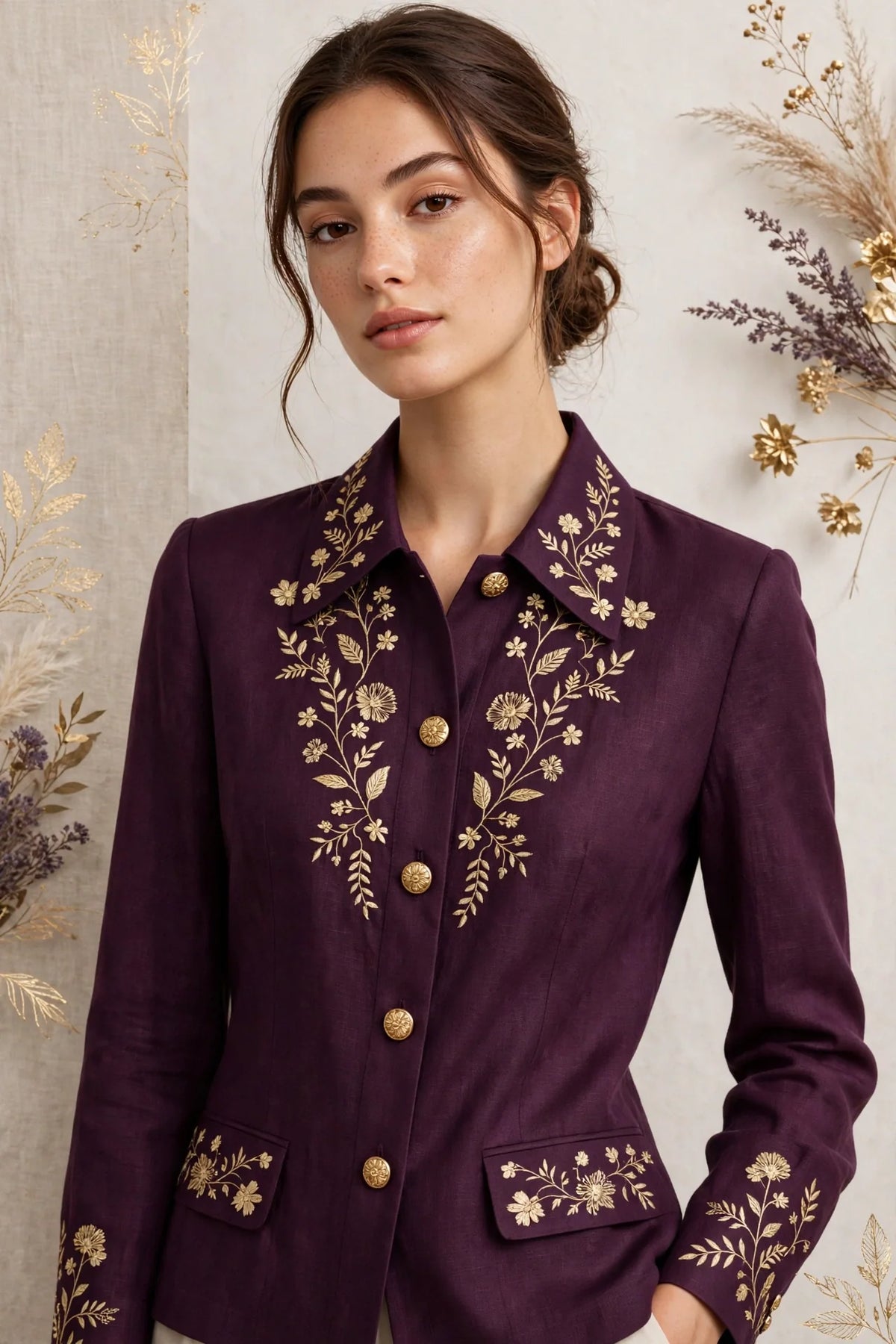 Person wearing Purple Structured Italian Linen Blouse