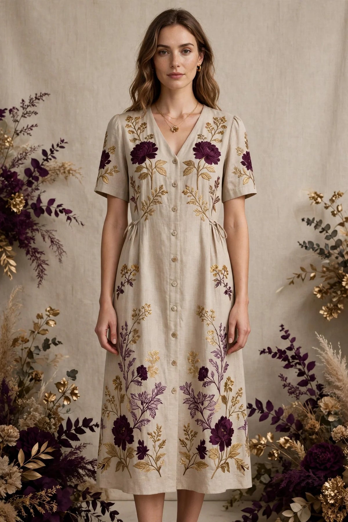 Person wearing Beige Purple Linen Midi Dress