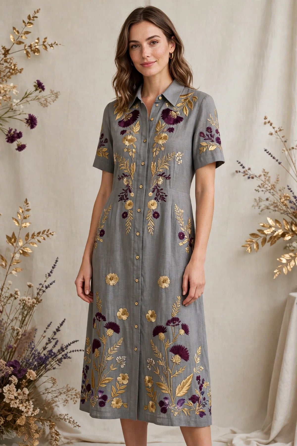 Person wearing Grey Purple Linen Midi Dress