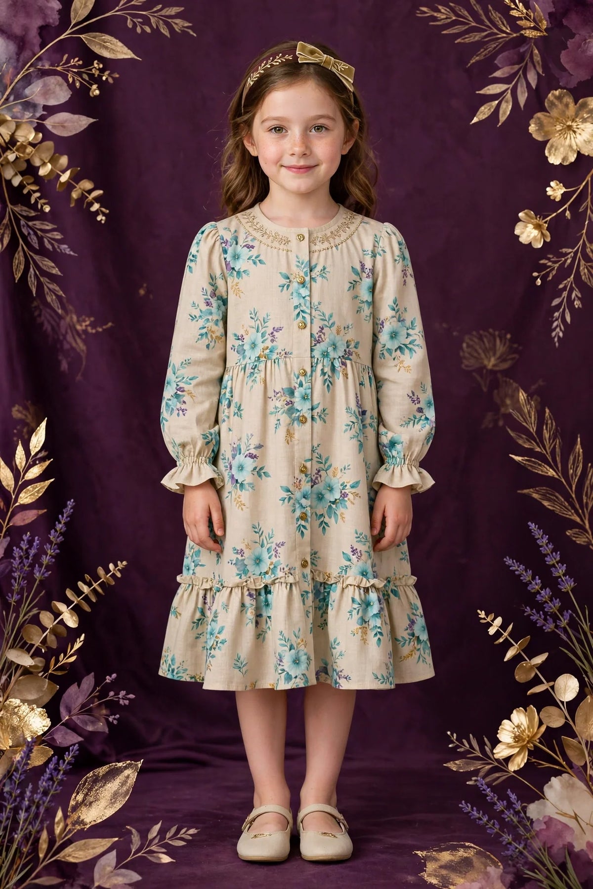 Girl wearing Beige Kids Aqua Breeze Floral Print Frock