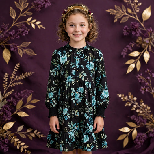 Girl wearing Black Kids Aqua Breeze Floral Print Frock