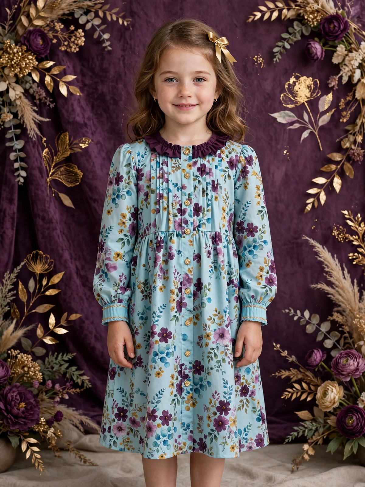 Girl wearing Blue Kids Aqua Breeze Floral Print Frock