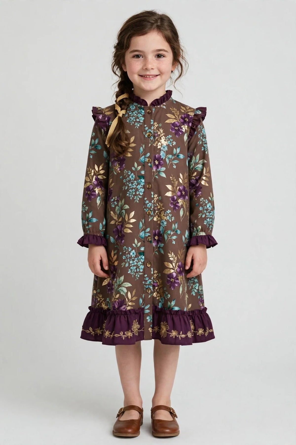 Girl wearing Brown Kids Aqua Breeze Floral Print Frock