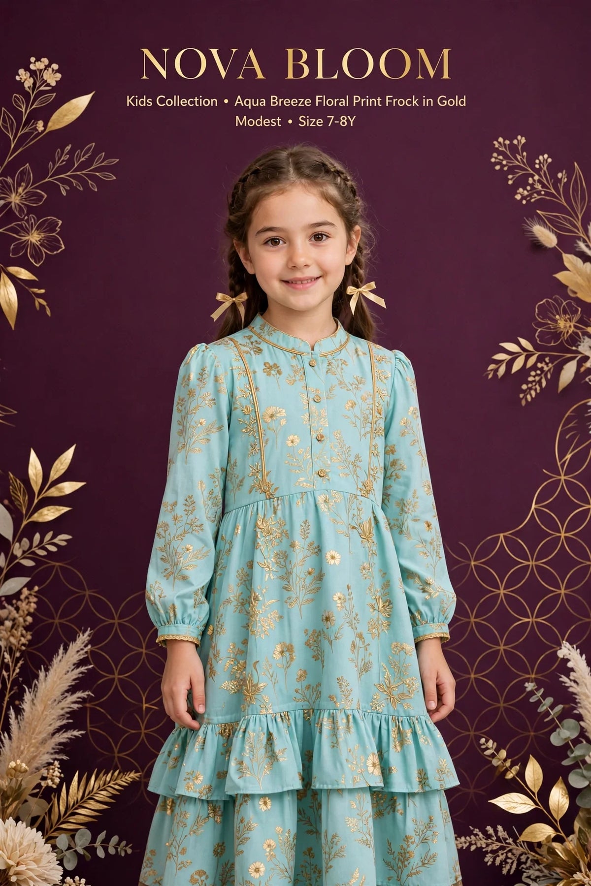 Girl wearing Gold Kids Aqua Breeze Floral Print Frock
