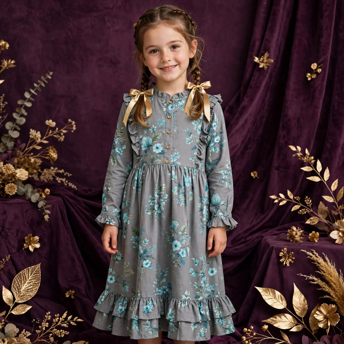 Girl wearing Grey Kids Aqua Breeze Floral Print Frock