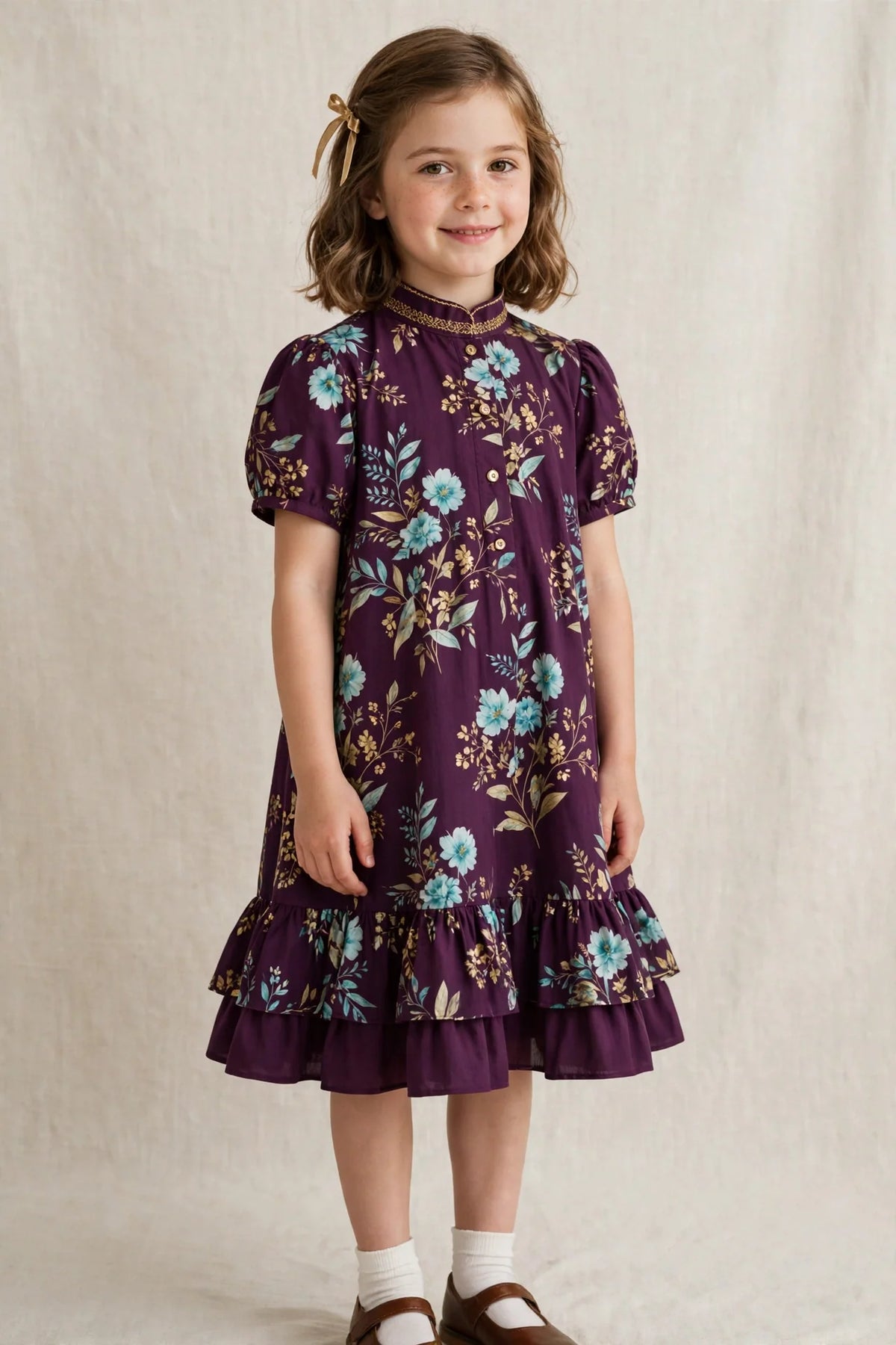 Girl wearing Purple Kids Aqua Breeze Floral Print Frock