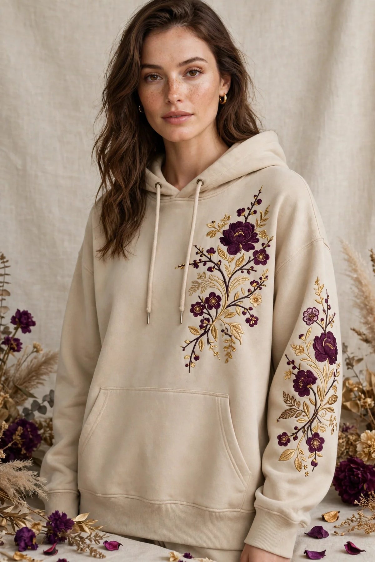 Woman wearing Beige Women's Oversized Street Hoodie