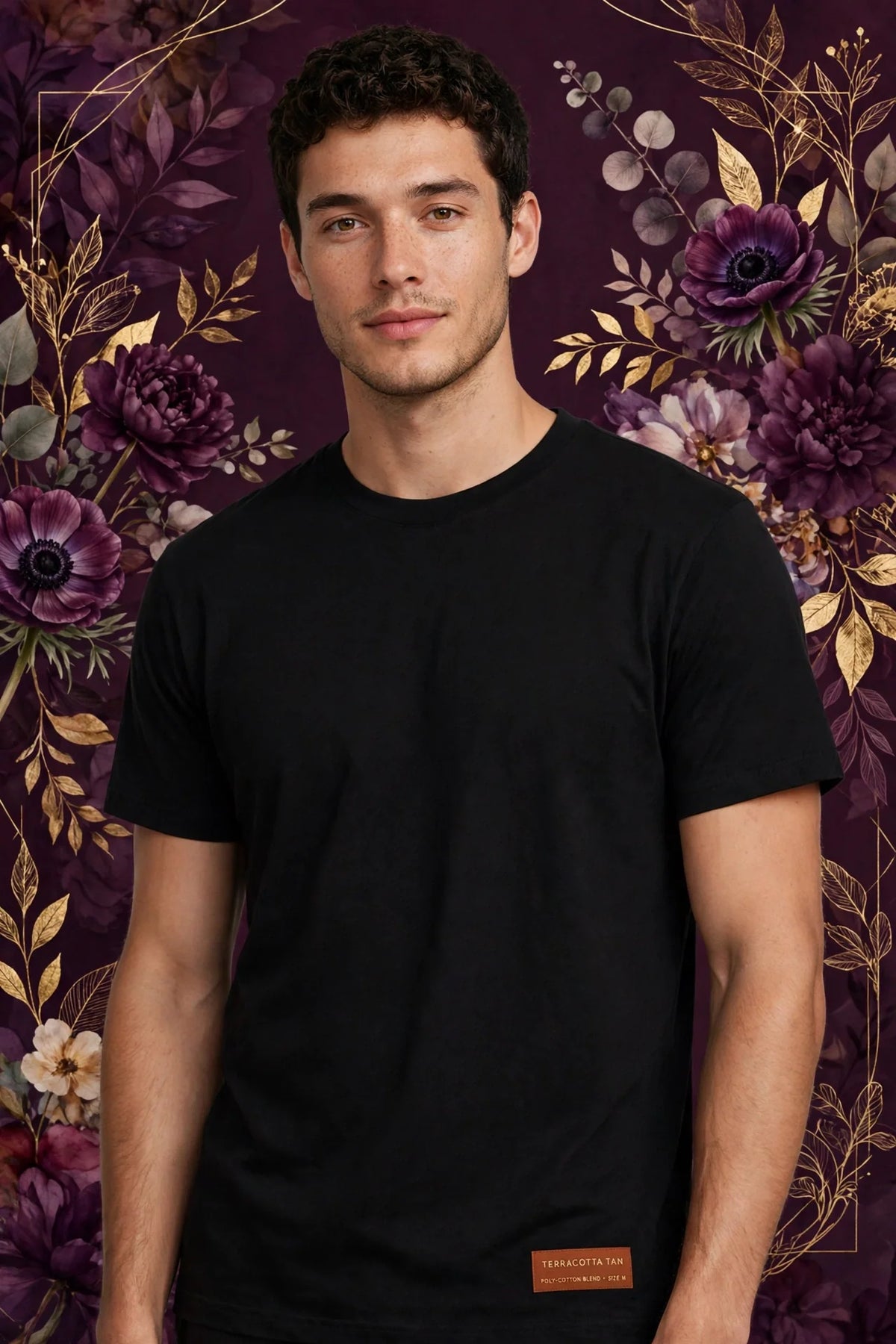 Person wearing Black Terracotta Tan Poly-Cotton Blend T-Shirt