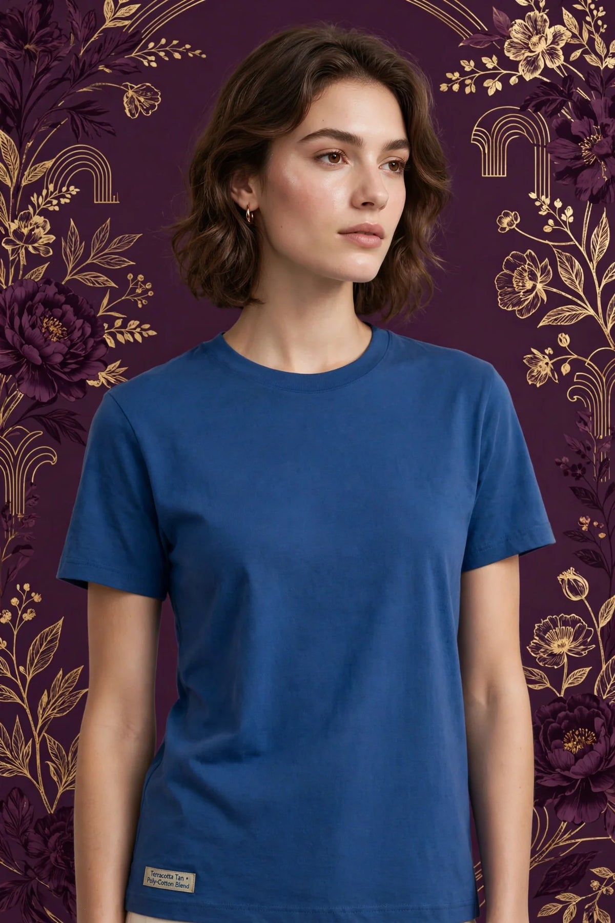 Person wearing Blue Terracotta Tan Poly-Cotton Blend T-Shirt