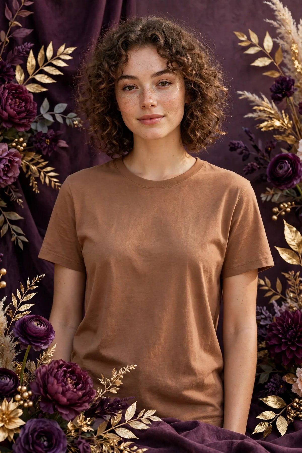Person wearing Brown Terracotta Tan Poly-Cotton Blend T-Shirt