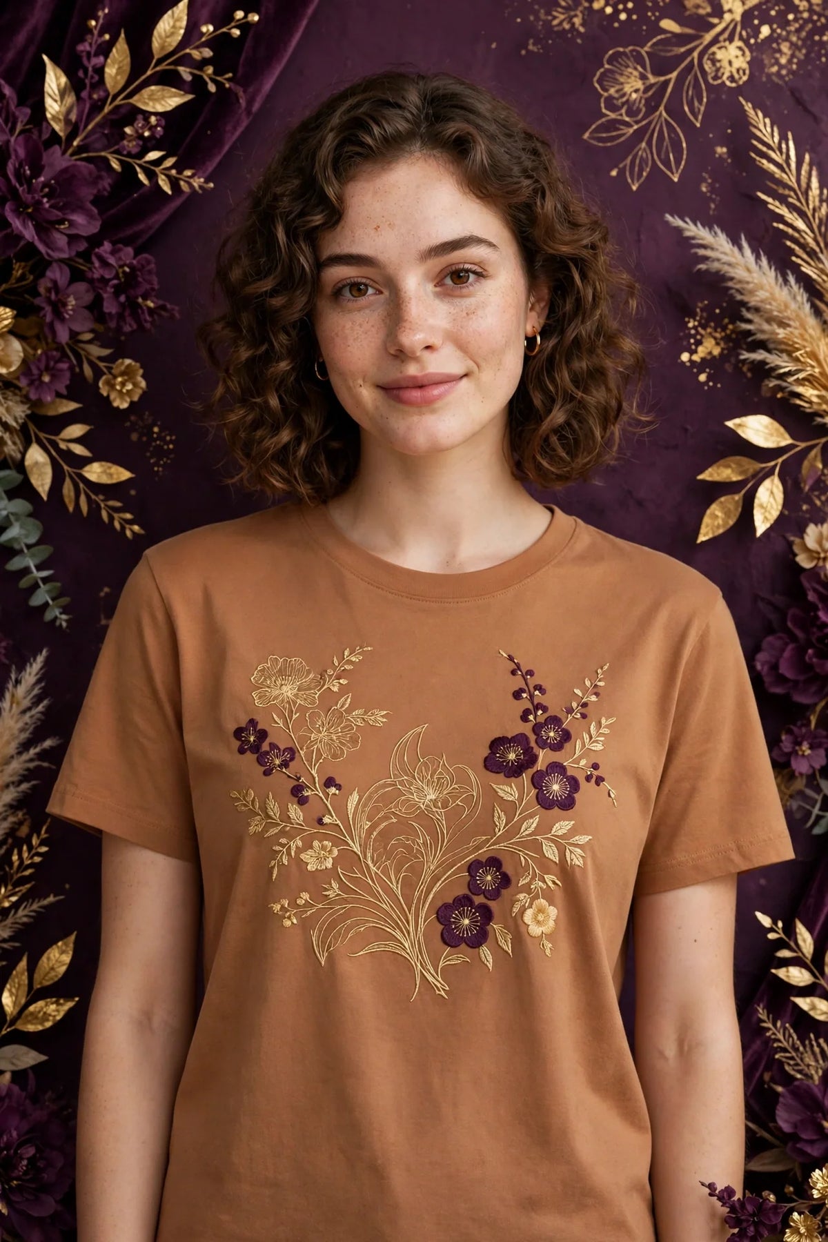 Person wearing Gold Terracotta Tan Poly-Cotton Blend T-Shirt
