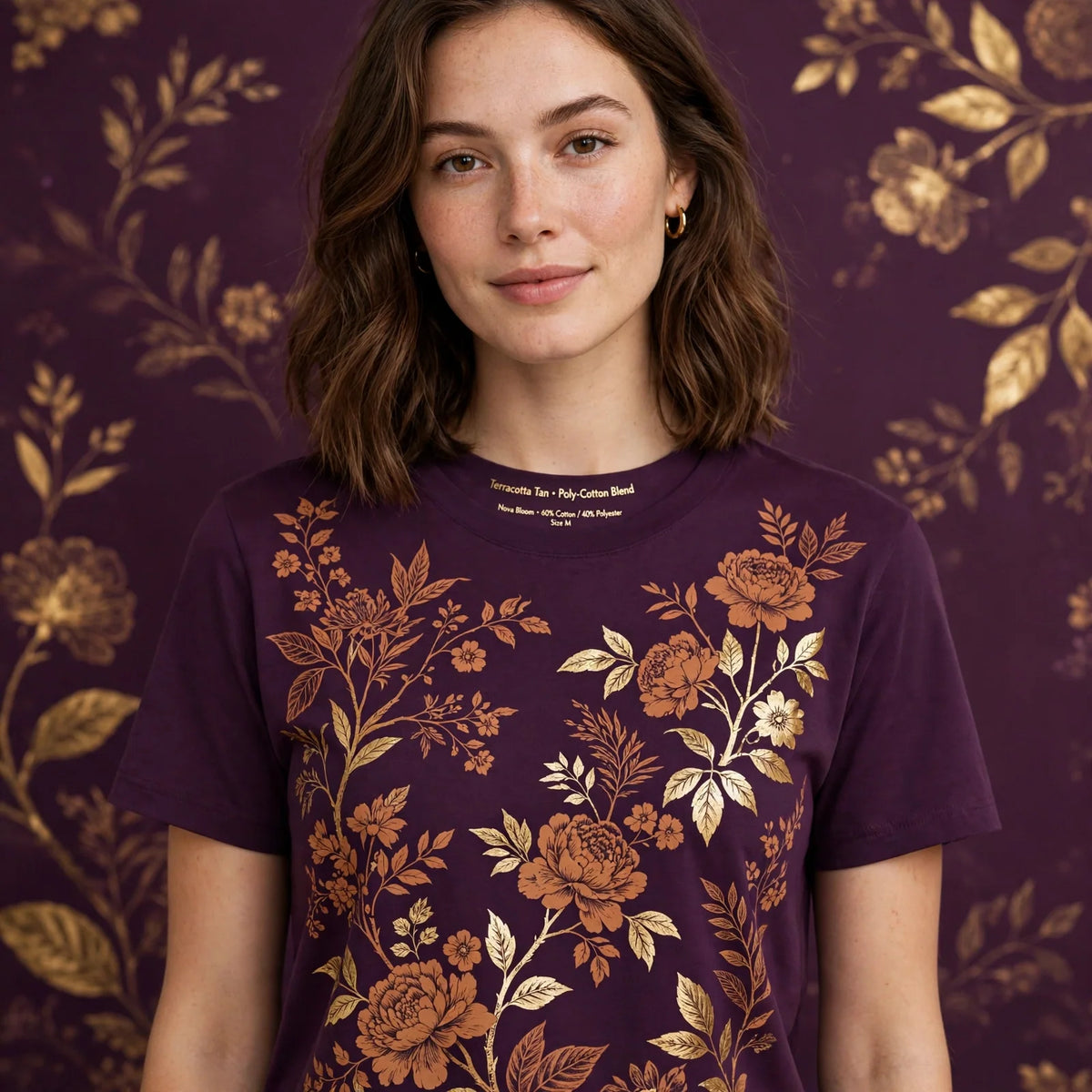 Person wearing Purple Terracotta Tan Poly-Cotton Blend T-Shirt