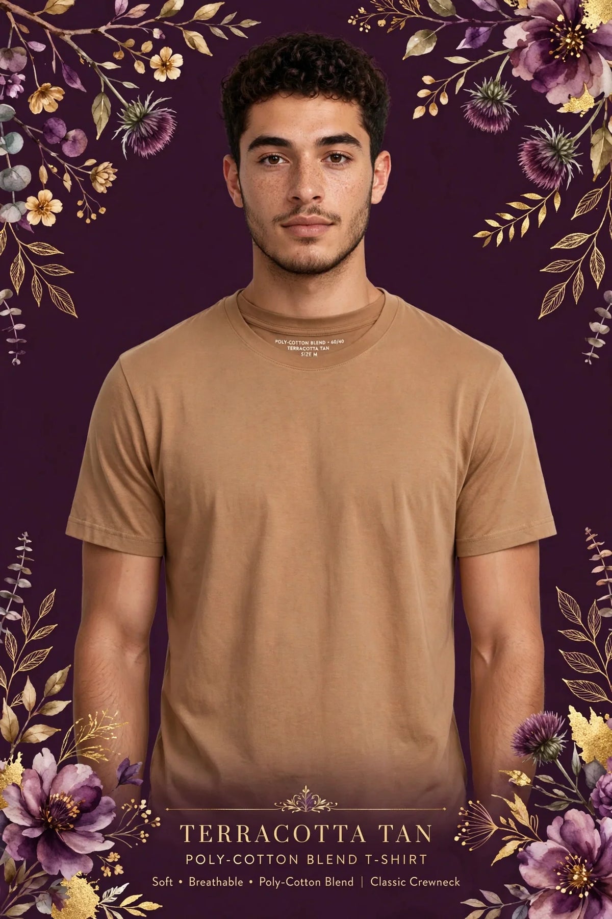 Person wearing White Terracotta Tan Poly-Cotton Blend T-Shirt