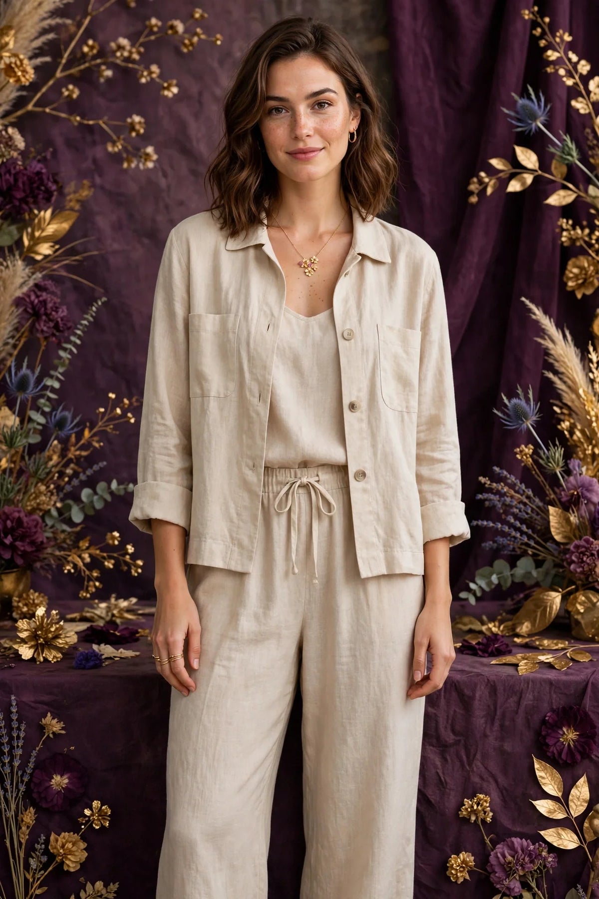 Person wearing Beige Two-Piece Linen Set