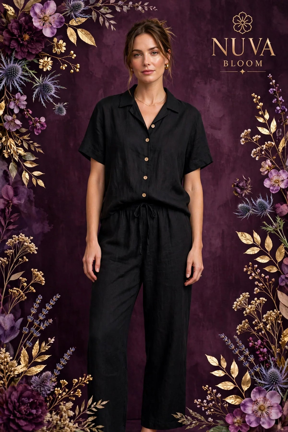 Person wearing Black Two-Piece Linen Set
