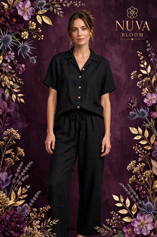 Person wearing Black Two-Piece Linen Set