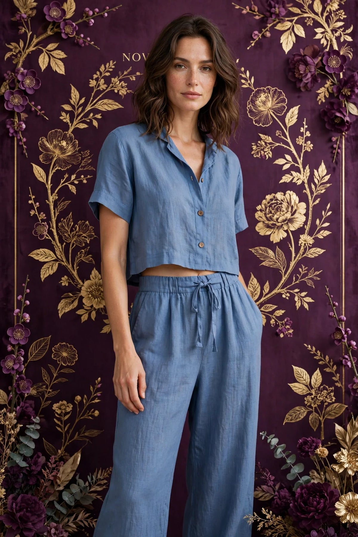 Person wearing Blue Two-Piece Linen Set