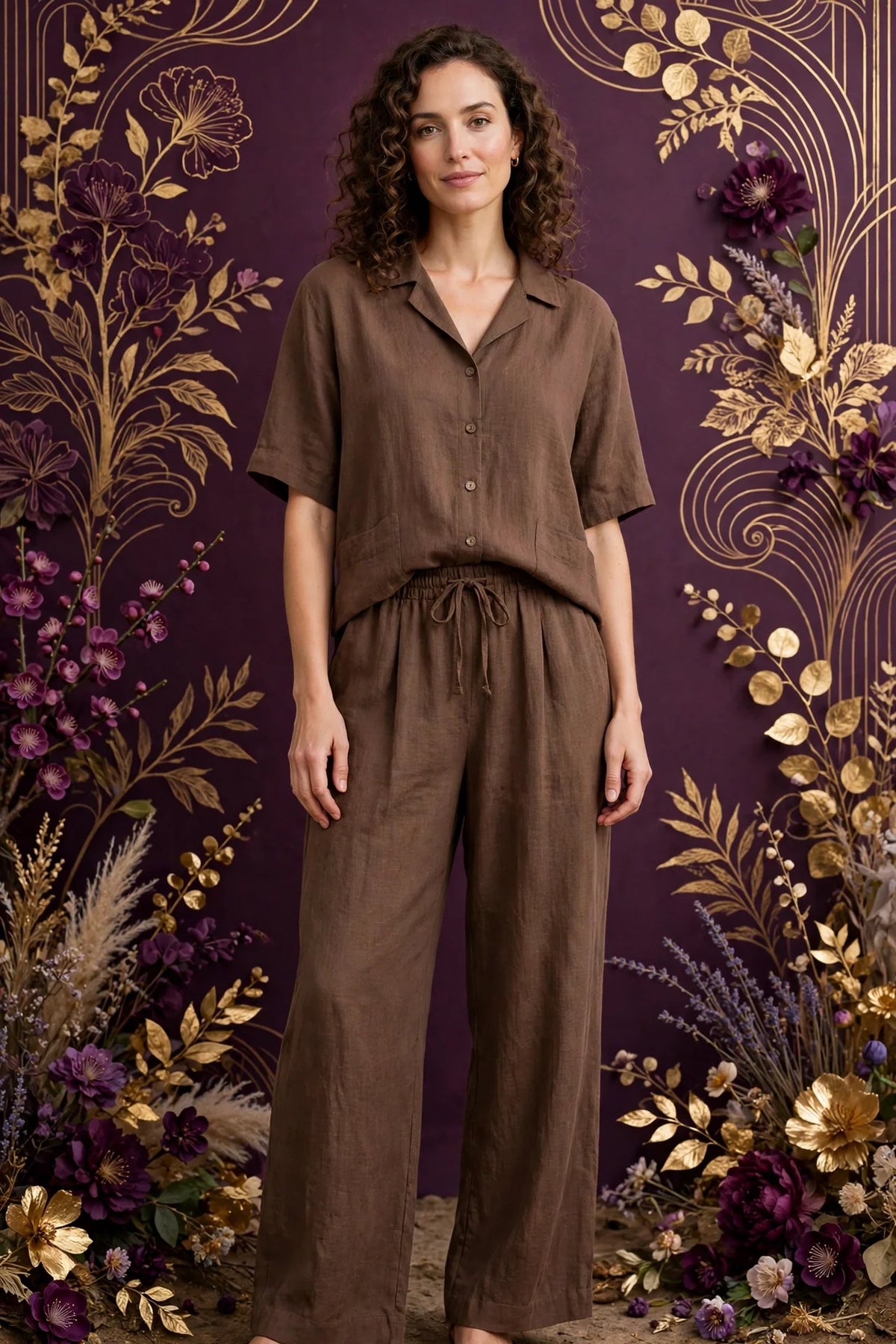 Person wearing Brown Two-Piece Linen Set