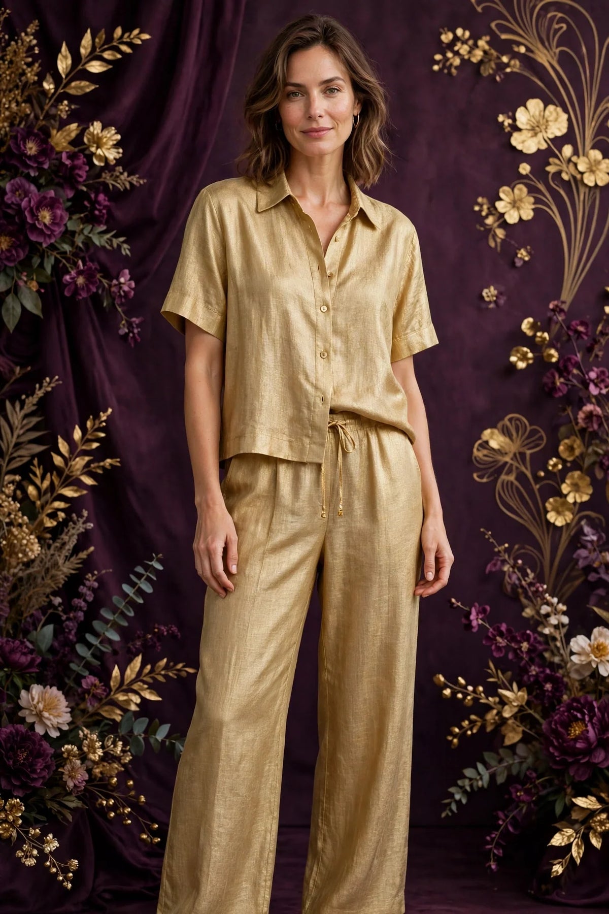 Person wearing Gold Two-Piece Linen Set