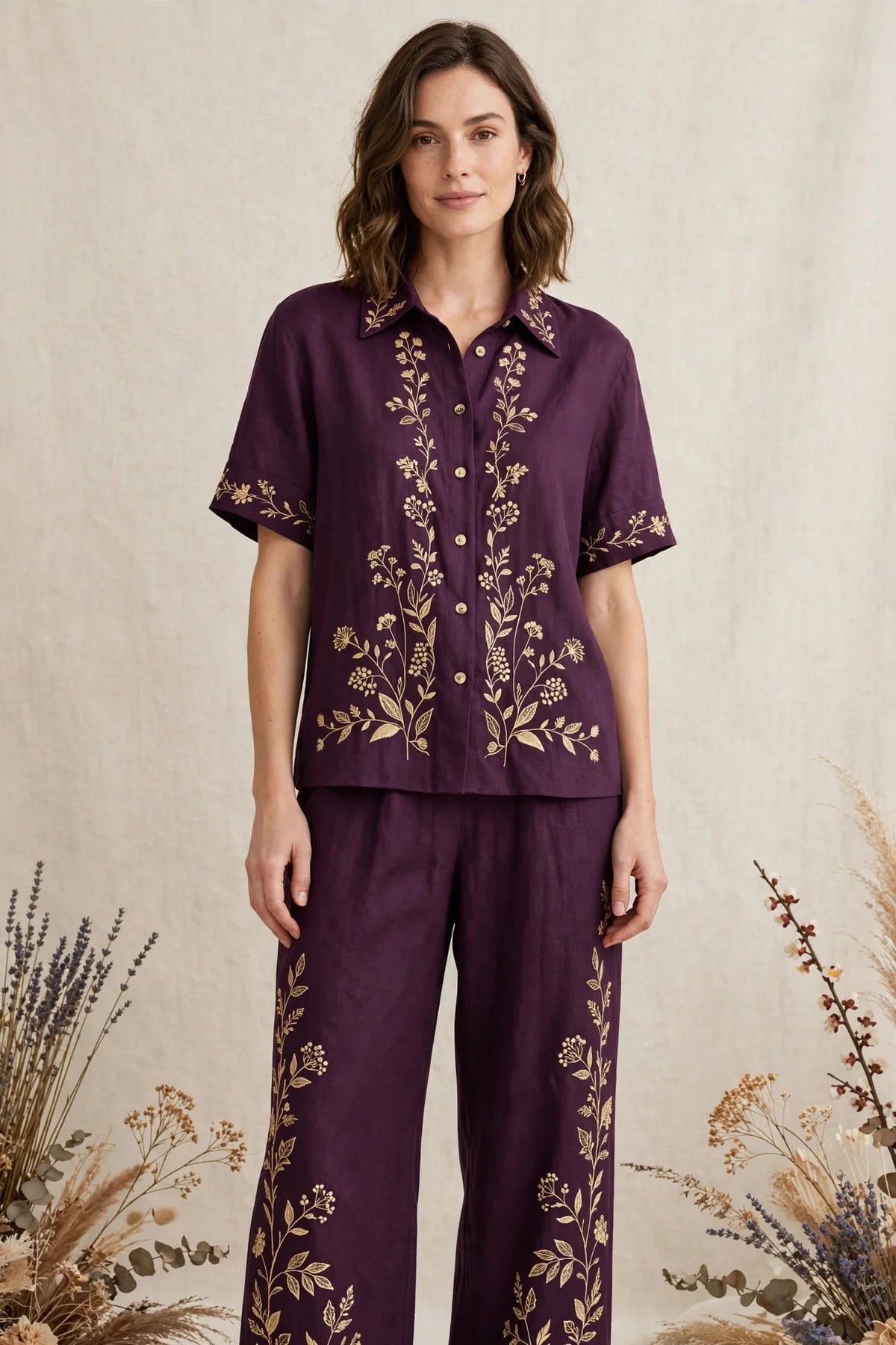 Person wearing Purple Two-Piece Linen Set