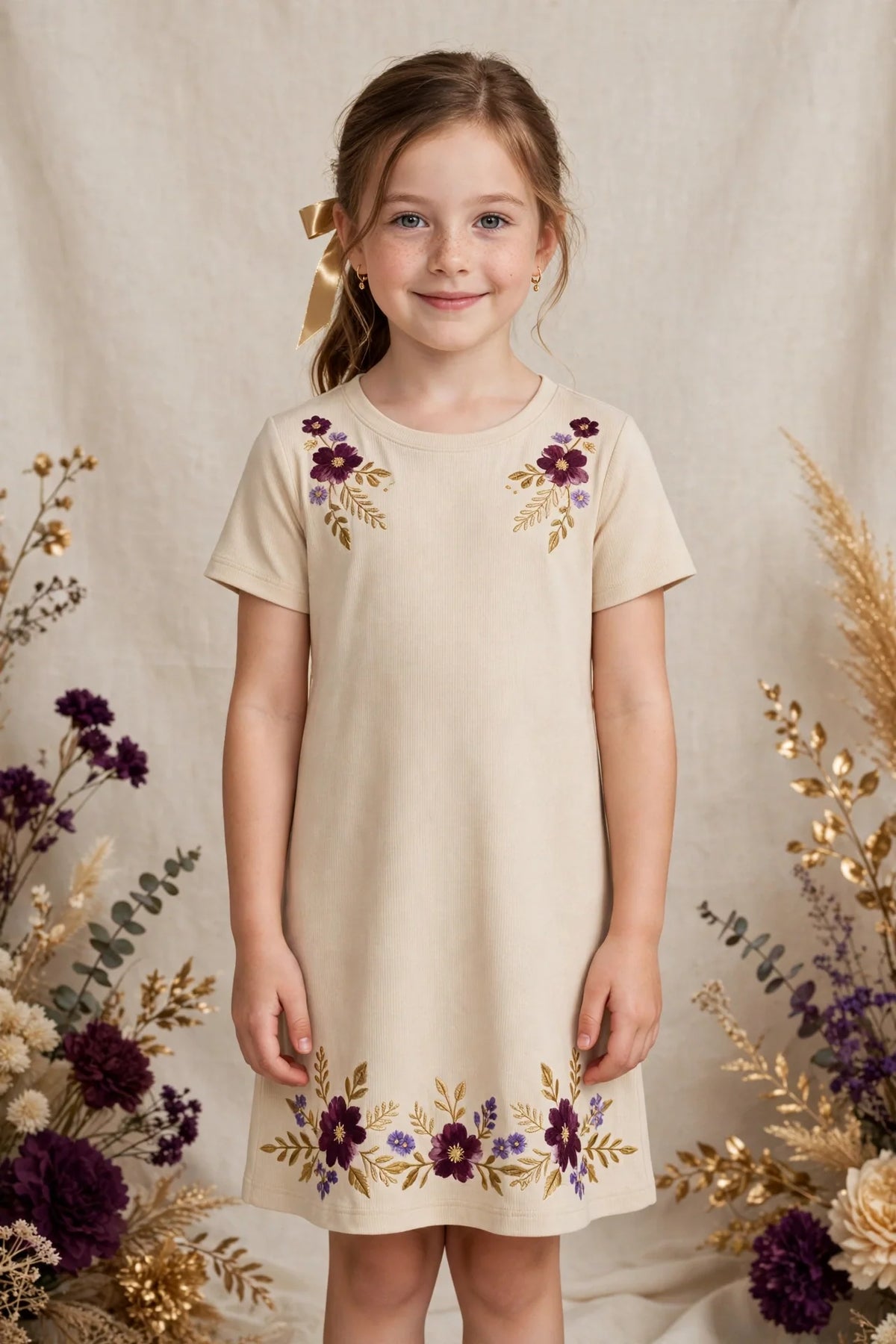 Girl wearing Beige Kids Soft Jersey Dress