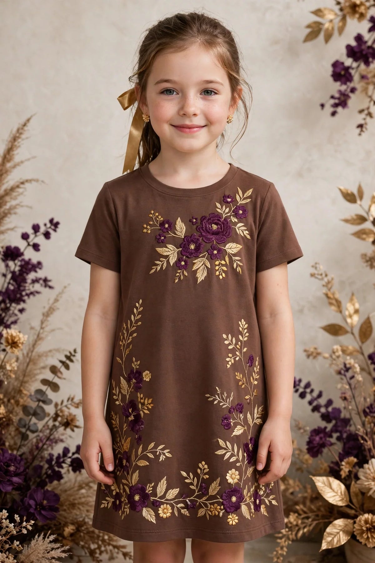Girl wearing Brown Kids Soft Jersey Dress