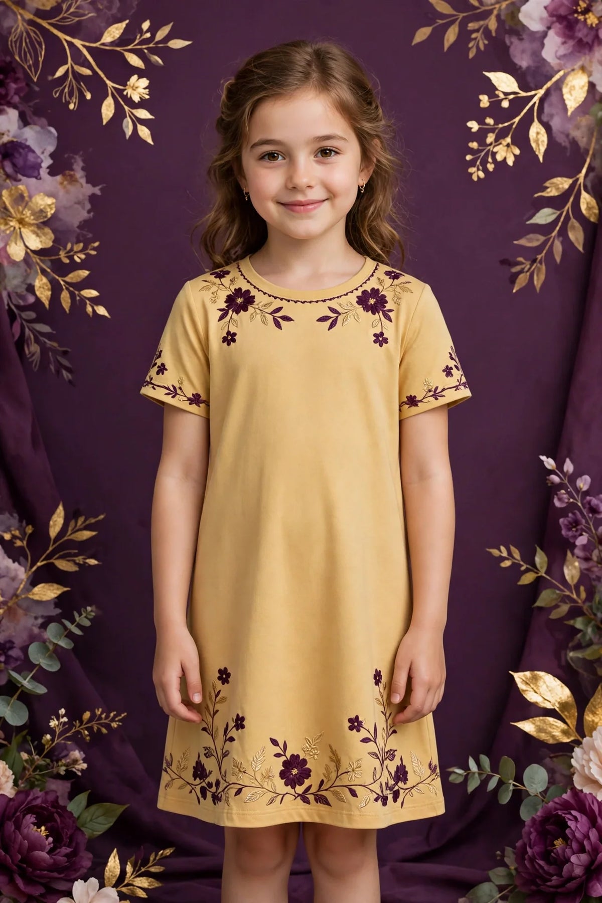 Girl wearing Gold Kids Soft Jersey Dress