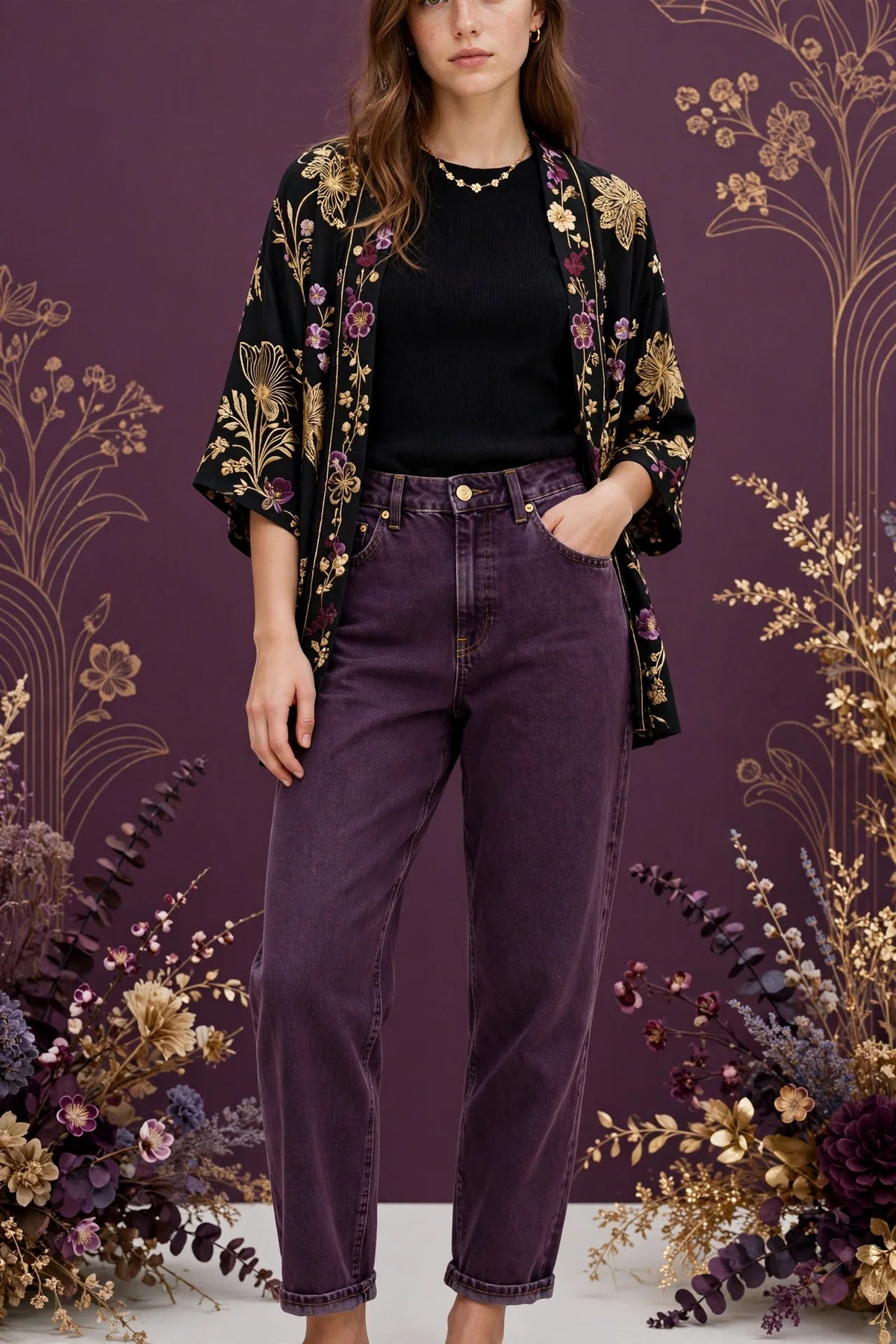 Person wearing Purple Relaxed Fit Denim Jeans
