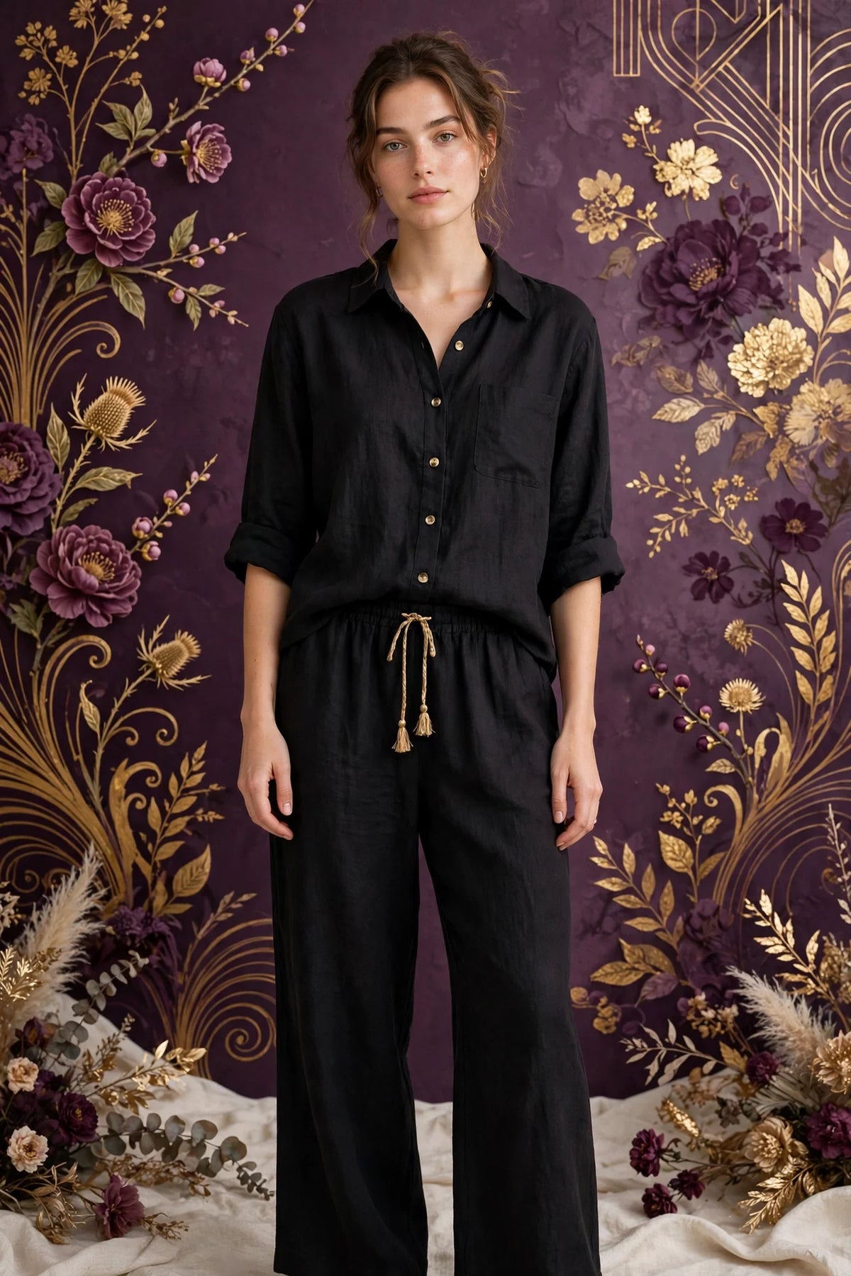 Person wearing Black Ivory Linen Lounge Set