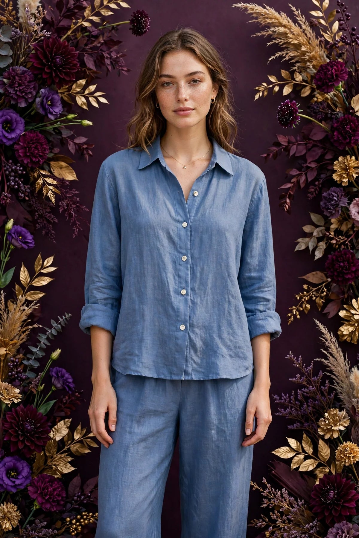 Person wearing Blue Ivory Linen Lounge Set