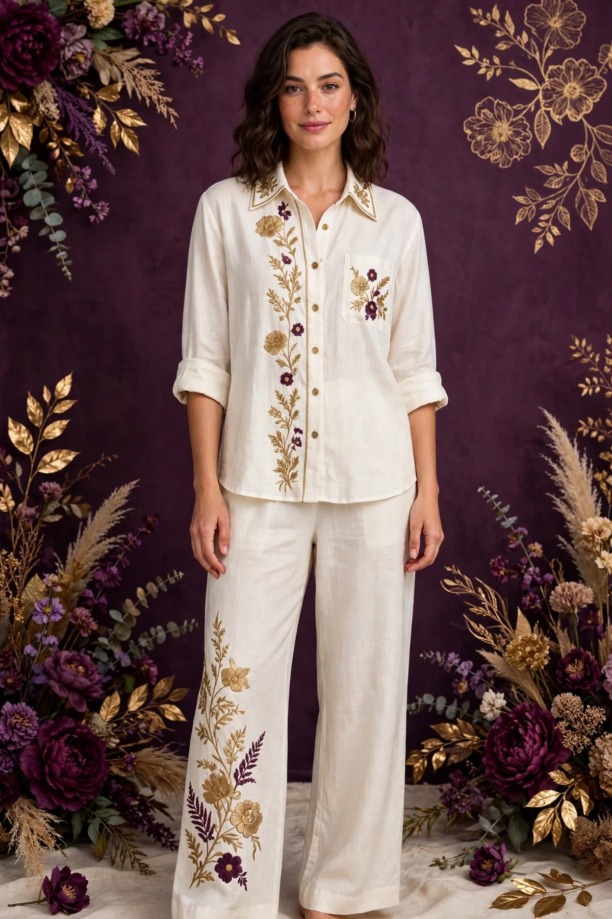 Person wearing Gold Ivory Linen Lounge Set