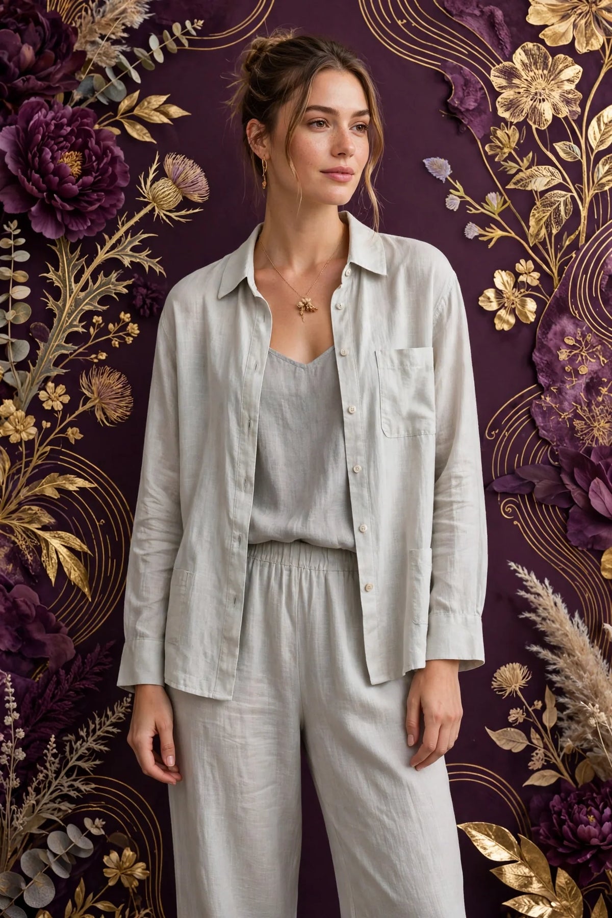 Person wearing Grey Ivory Linen Lounge Set