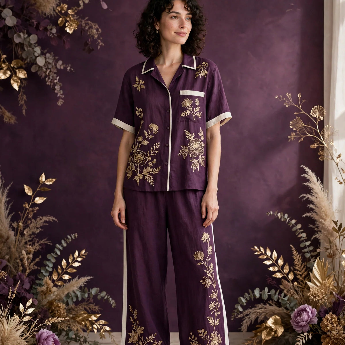 Person wearing Purple Ivory Linen Lounge Set