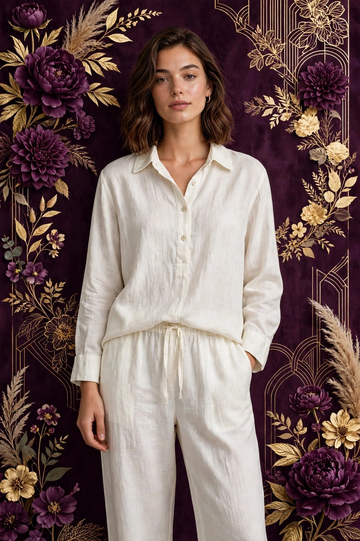Person wearing White Ivory Linen Lounge Set