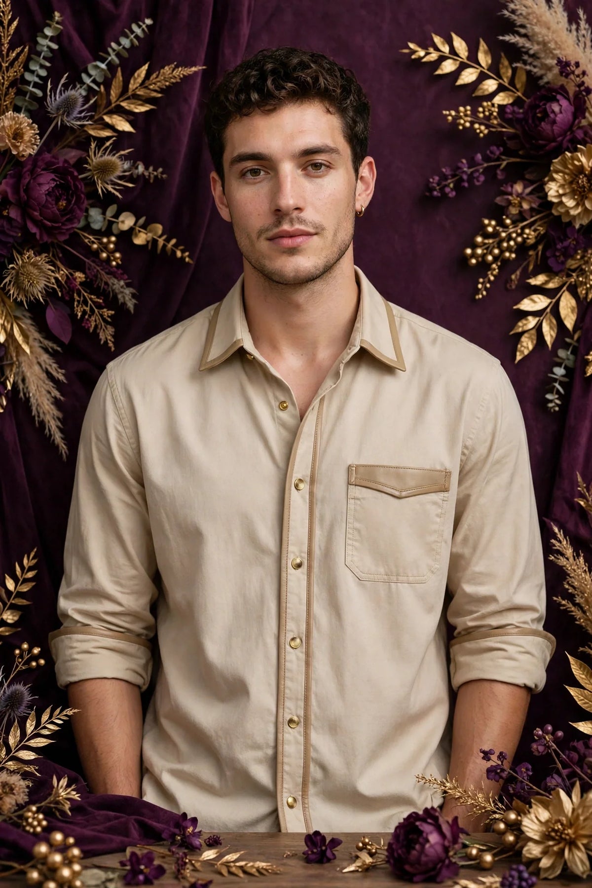 Person wearing Beige Cotton Blend Shirt with Leather Trim