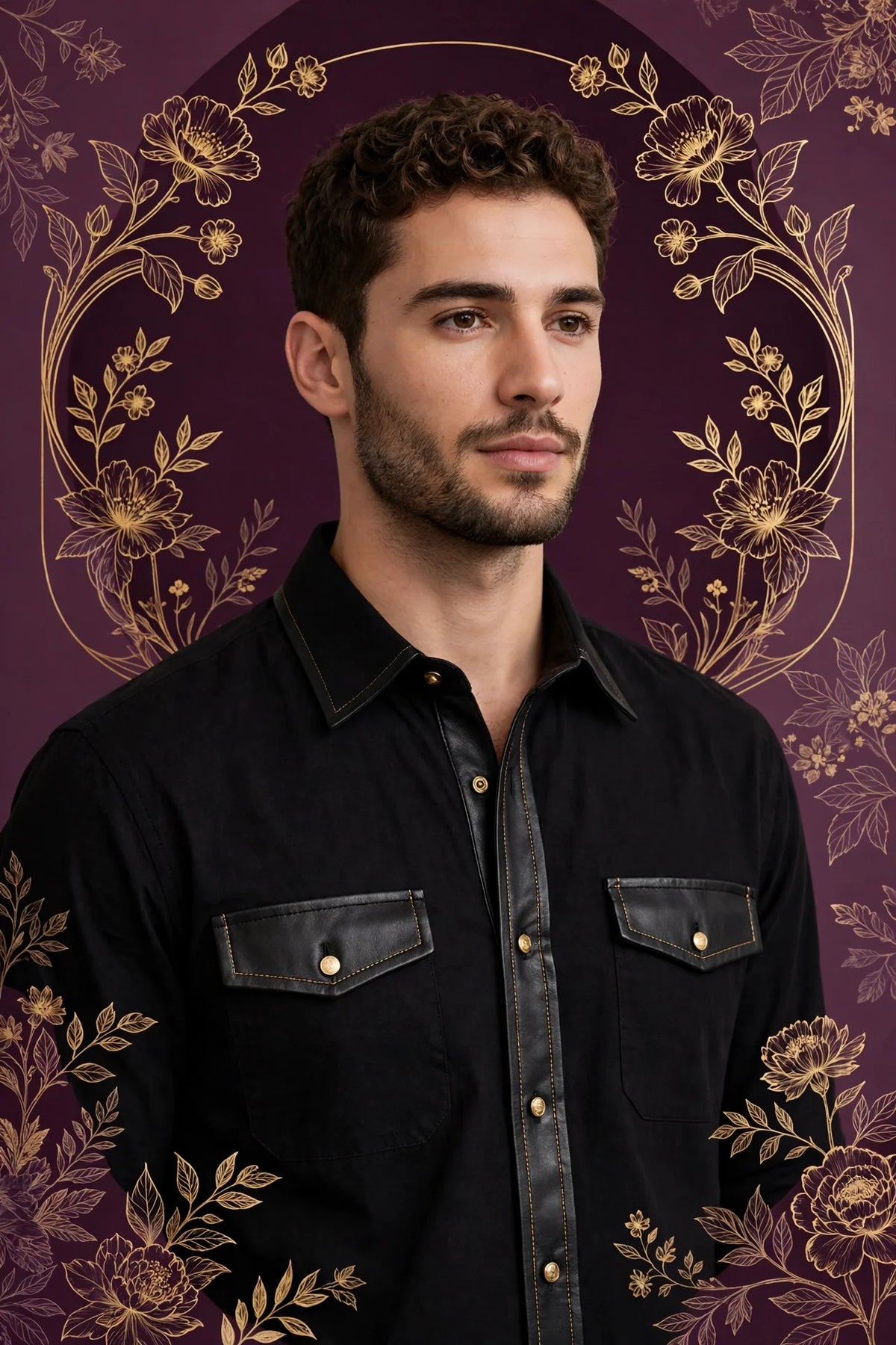 Person wearing Black Cotton Blend Shirt with Leather Trim