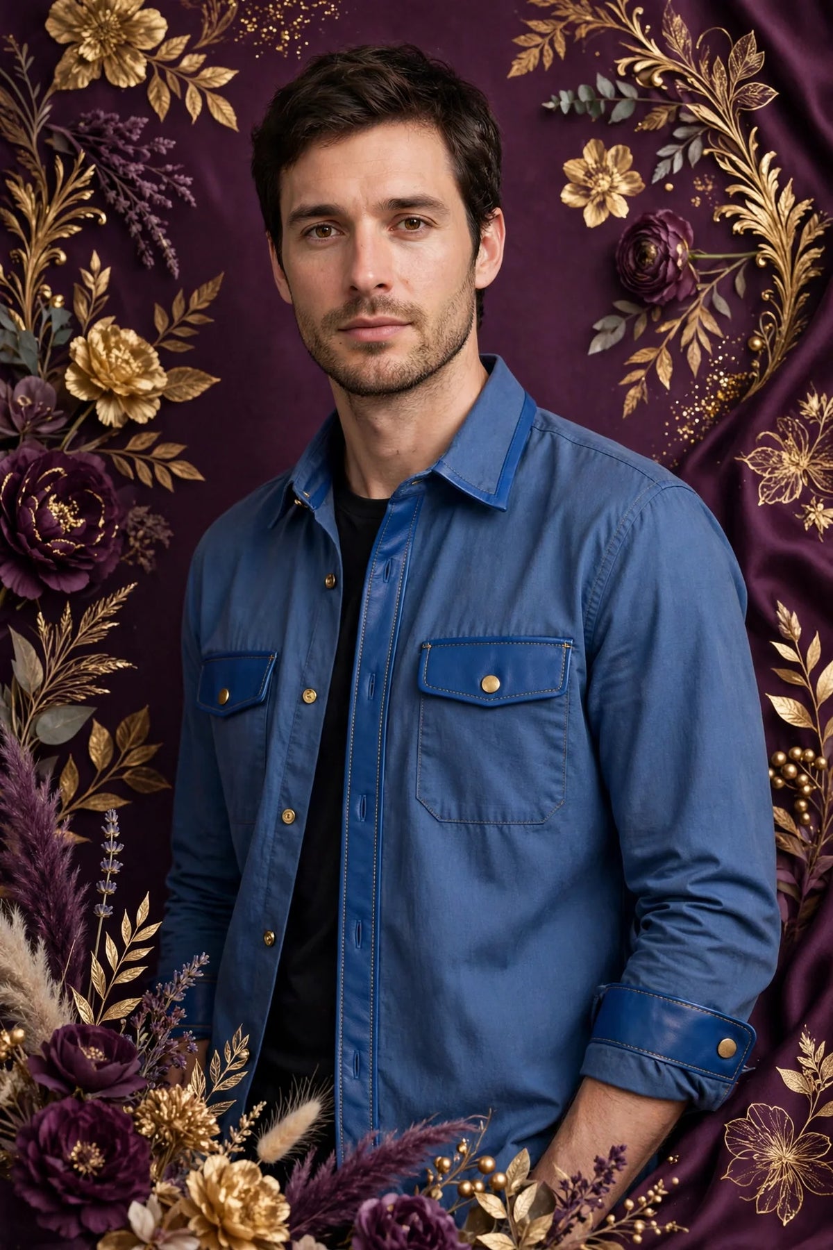 Person wearing Blue Cotton Blend Shirt with Leather Trim