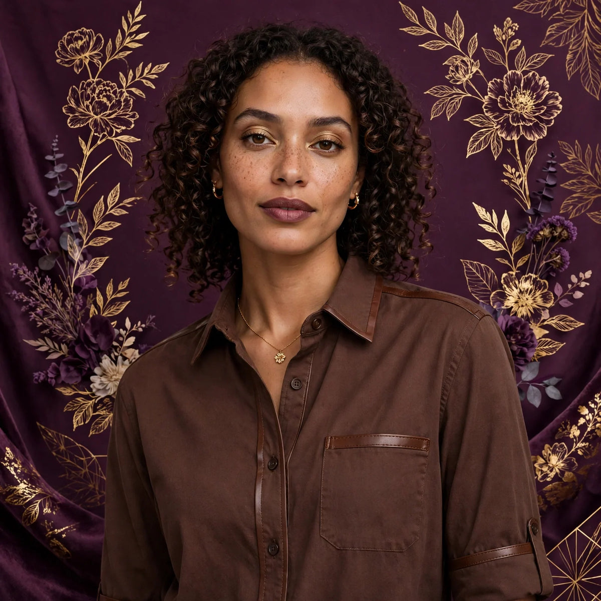 Person wearing Brown Cotton Blend Shirt with Leather Trim