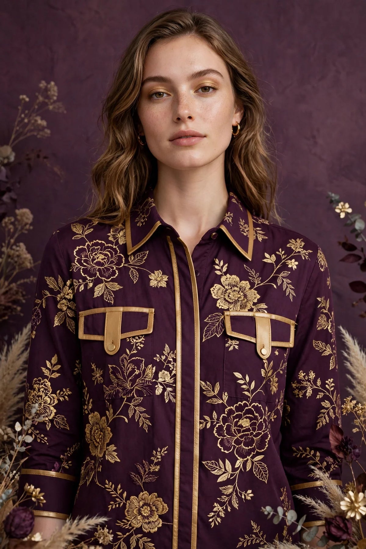 Person wearing Gold Cotton Blend Shirt with Leather Trim