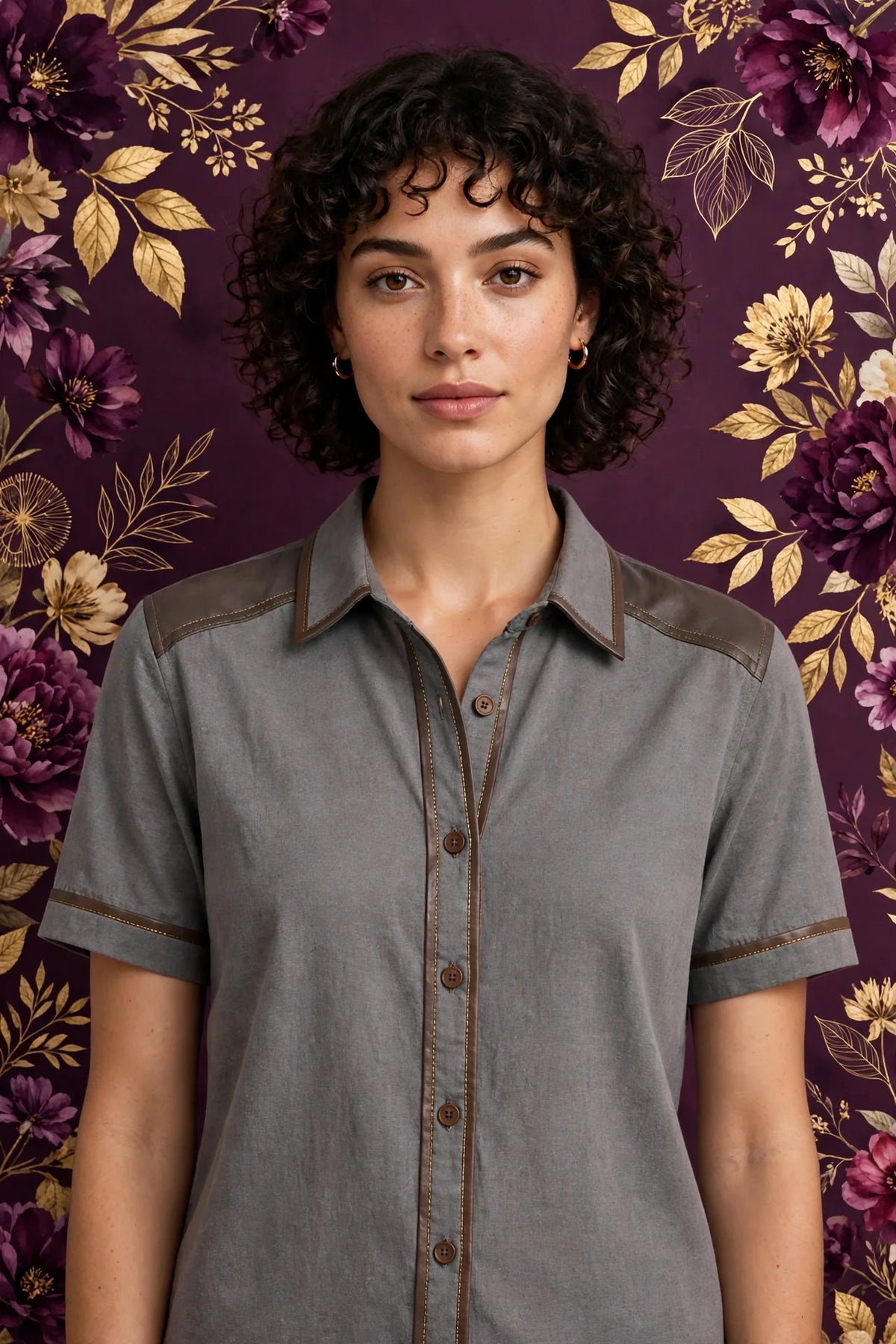 Person wearing Grey Cotton Blend Shirt with Leather Trim