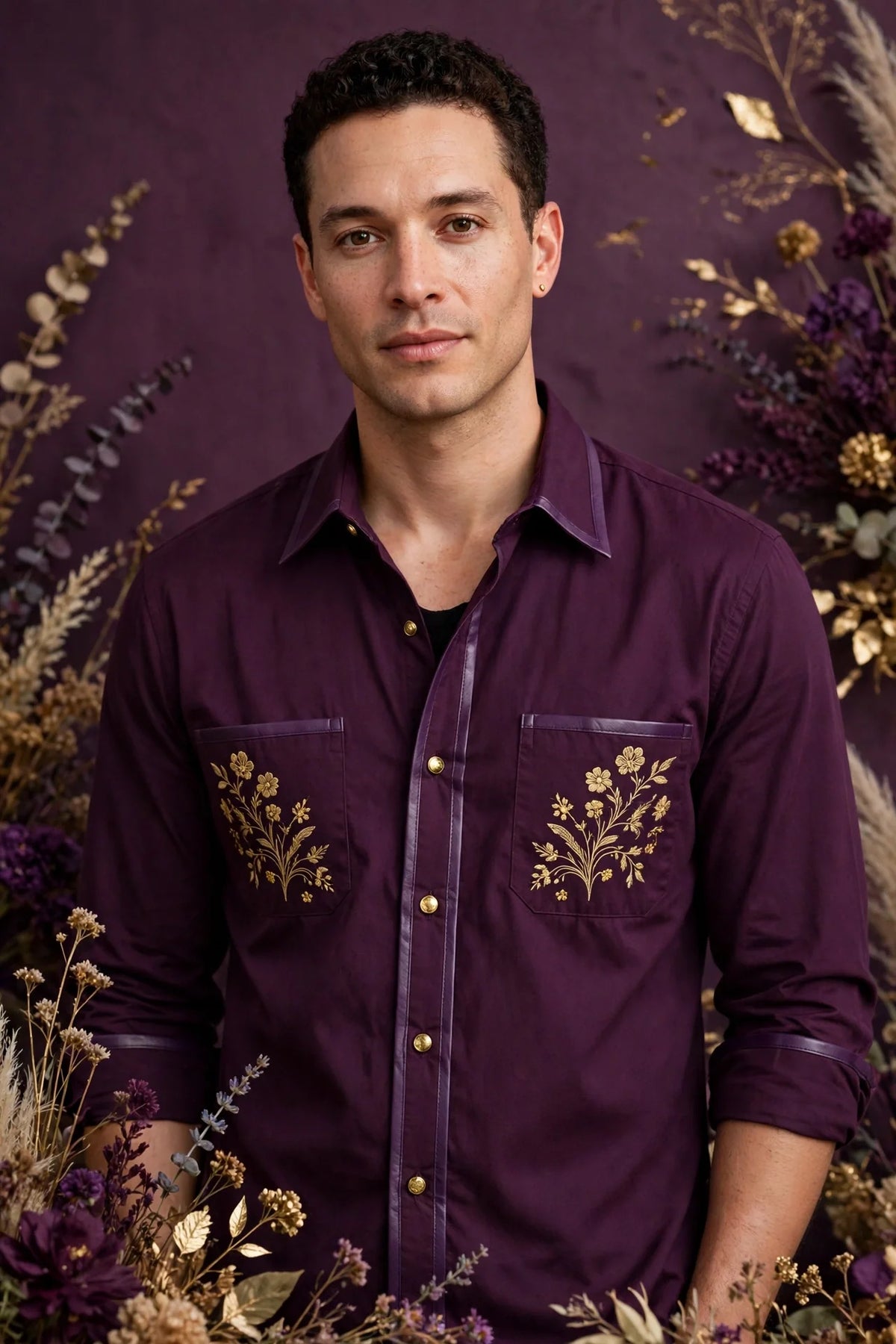 Person wearing Purple Cotton Blend Shirt with Leather Trim