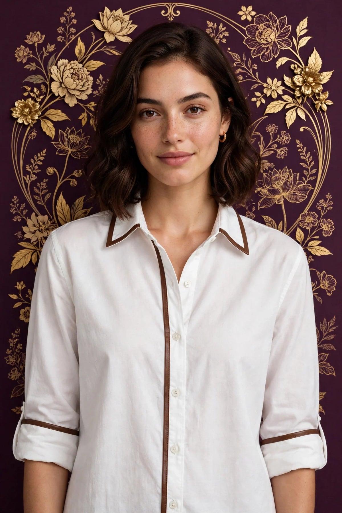 Person wearing White Cotton Blend Shirt with Leather Trim