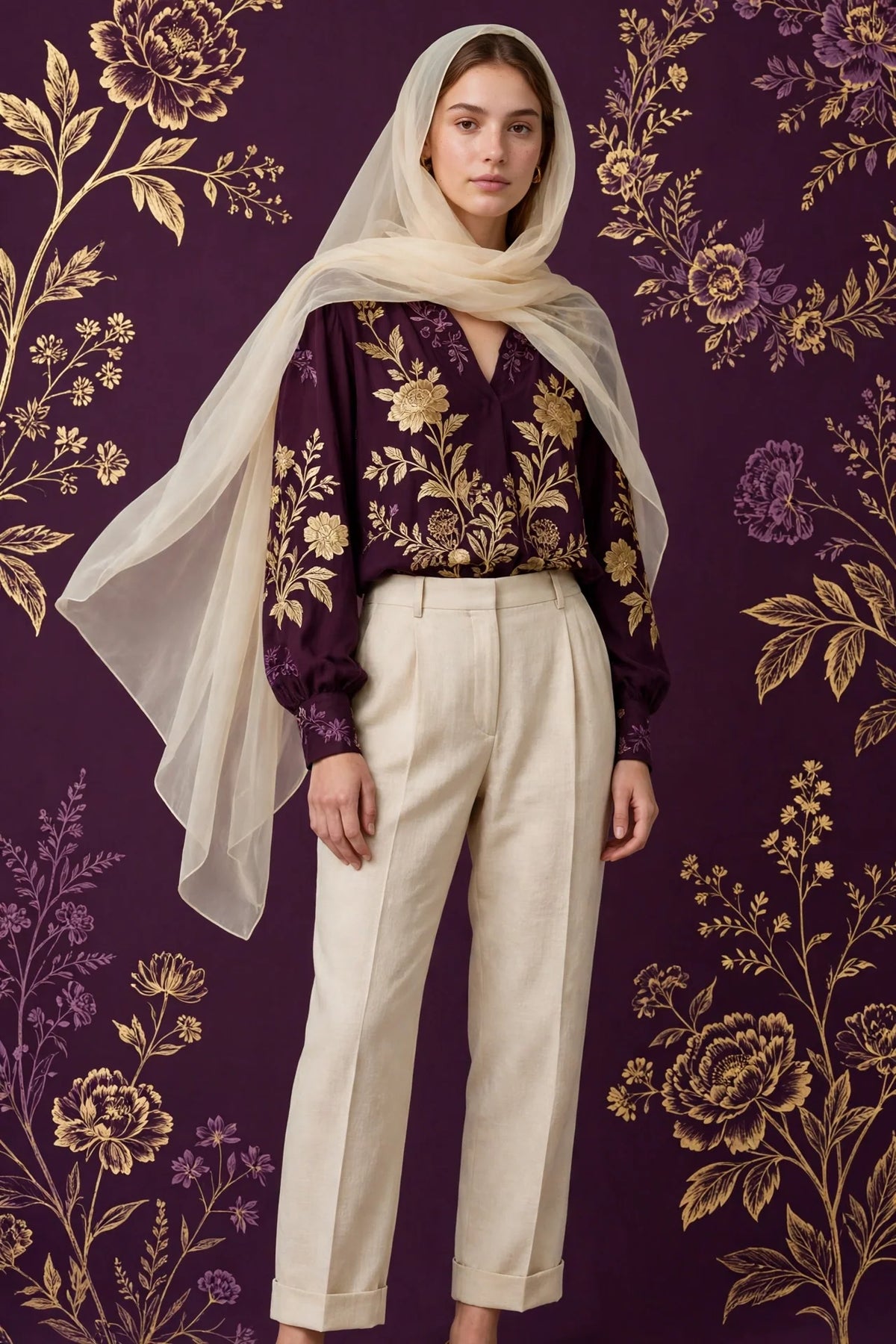 Person wearing Beige Cream veil tailored linen trousers