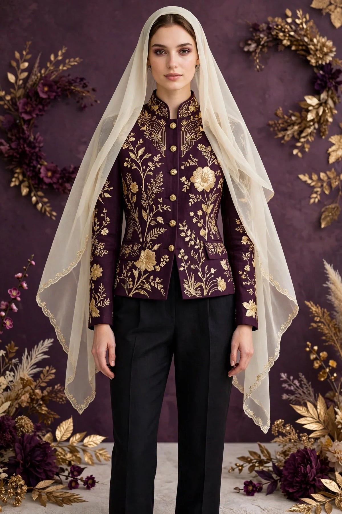Person wearing Black Cream veil tailored linen trousers