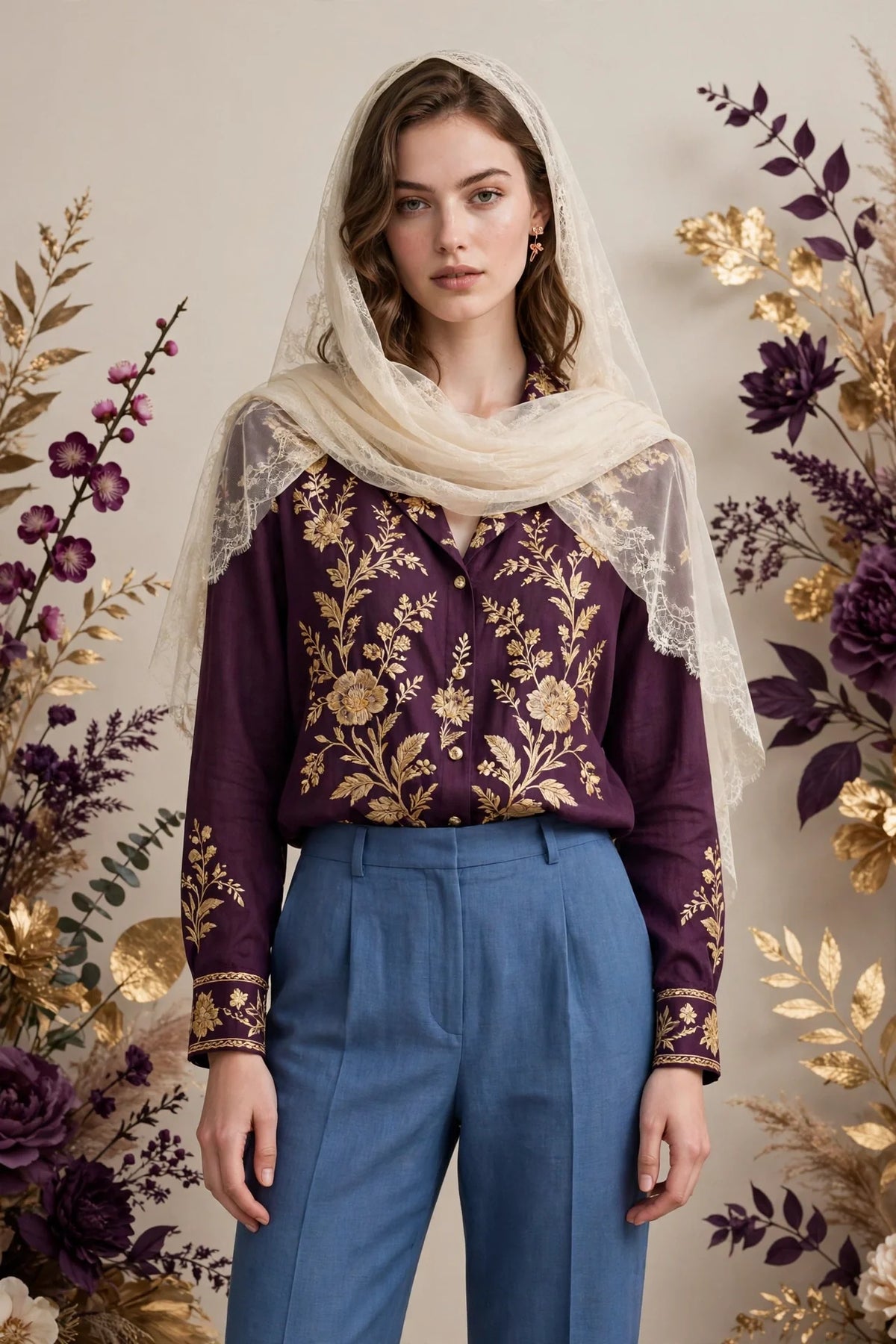 Person wearing Blue Cream veil tailored linen trousers