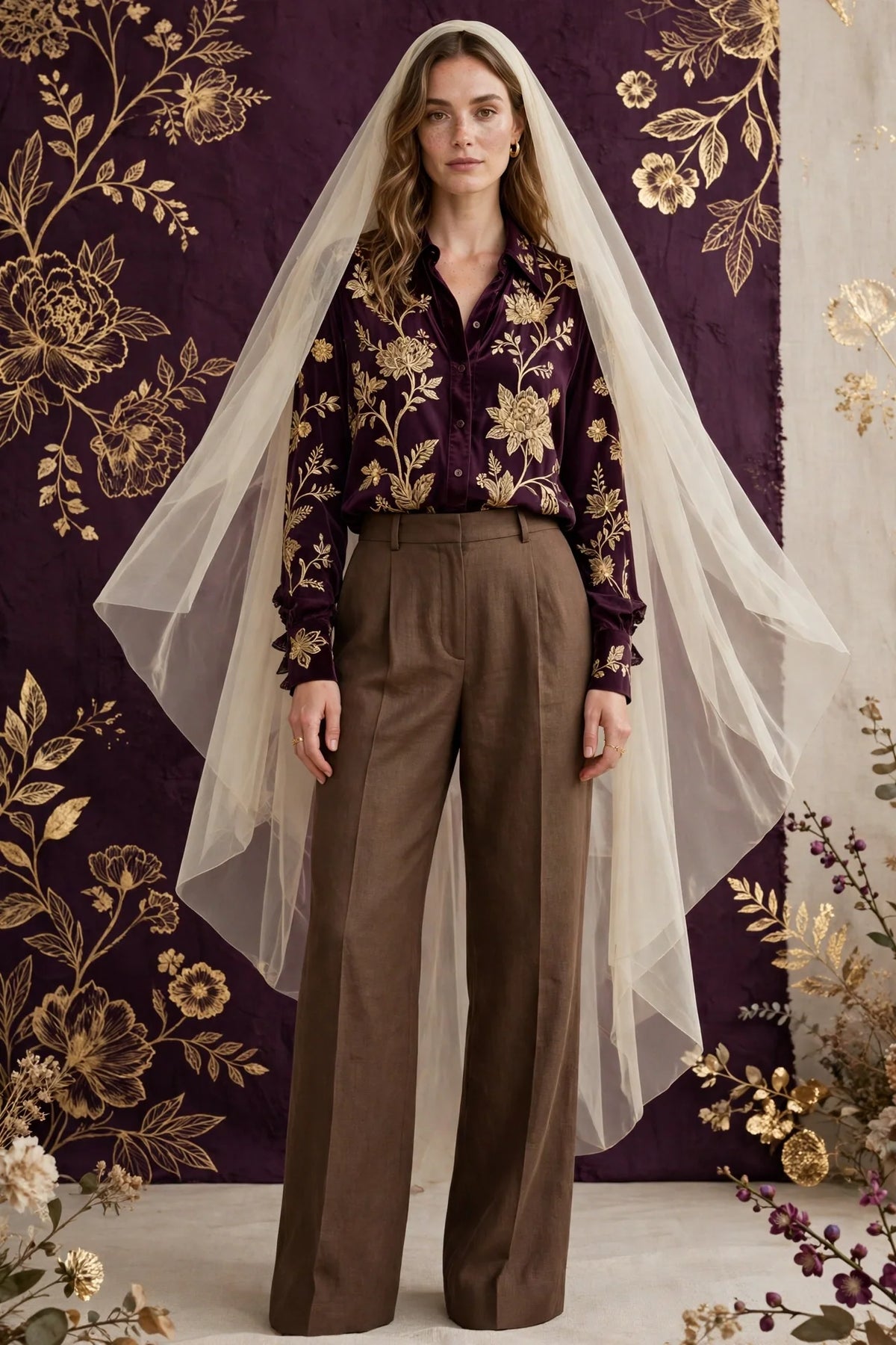 Person wearing Brown Cream veil tailored linen trousers